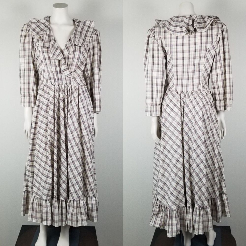 Miss Ashlee California VTG 70s Cottagecore Ruffle Plaid Midi Dress Size 11/12
